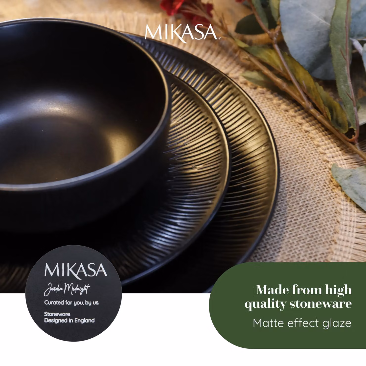Mikasa Jardin Midnight 12-Piece Stoneware Dinner Set in Black with Floral Design – 11