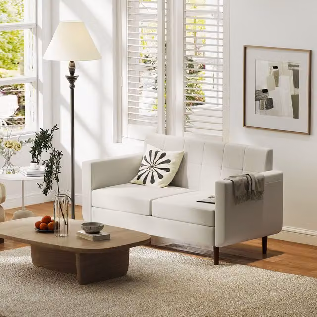 HOMCOM Modern Tufted 2 Seater Fabric Sofa in Beige and White
