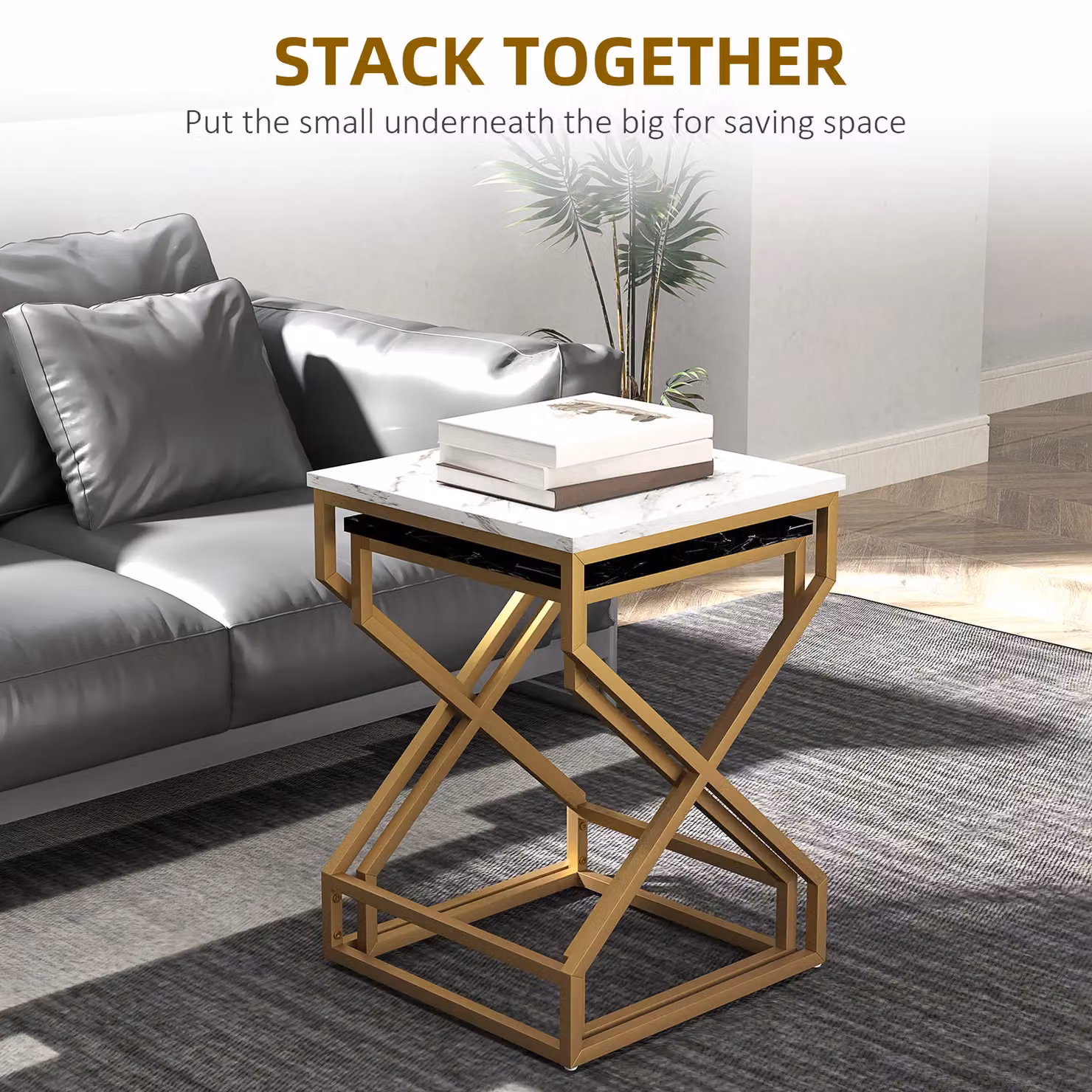 HOMCOM Nest of Tables Set of 2 with Marble-Effect Tops and Metal X-Frame in Black and White – 3