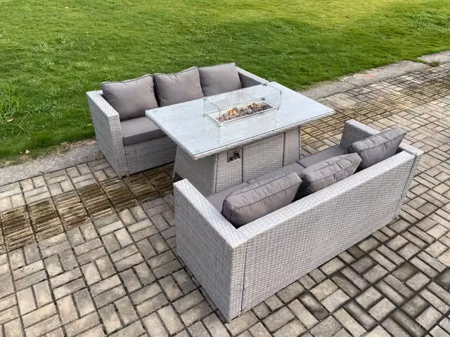 Fimous Rattan Outdoor Garden Dining Set with Gas Fire Pit Table and Heater in Light Grey