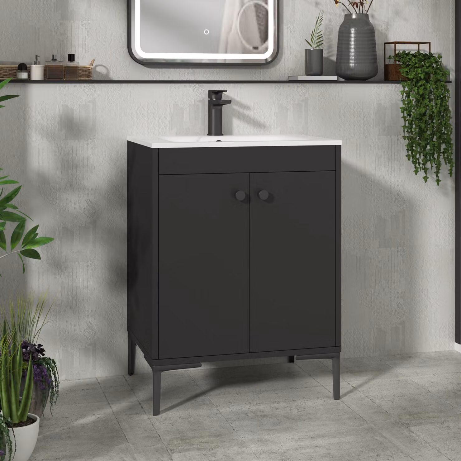 Royal Bathrooms Verona 600mm Matt Black Floor Standing 2 Door Vanity Unit with Carrara White Basin