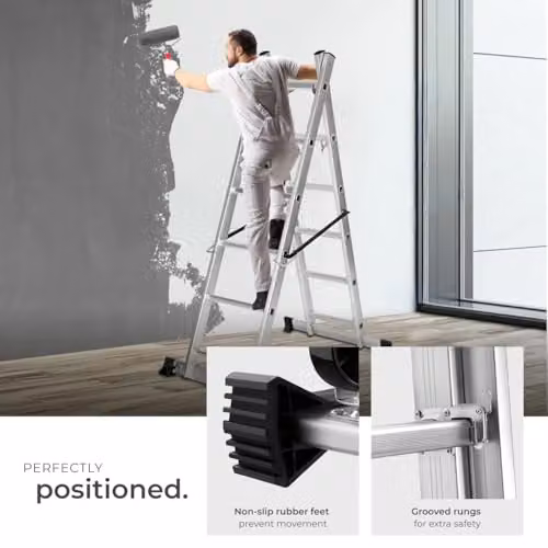 tectake Aluminium Multi-Purpose 4-in-1 Ladder in Silver with 150 kg Capacity and Rollable Rubber Feet – 3
