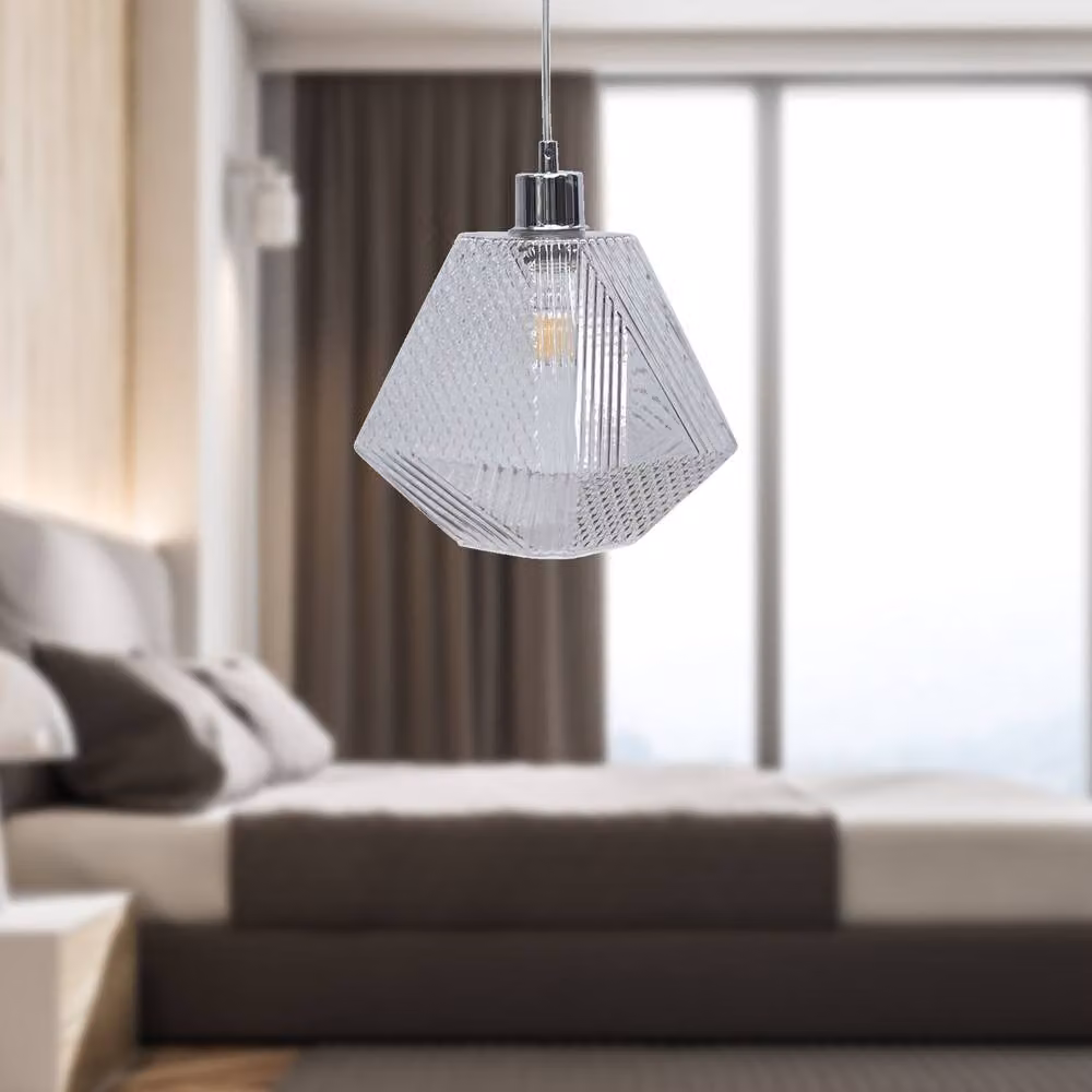 First Choice Lighting Lens Chrome Pendant Light with Clear Textured Glass in Silver – 2