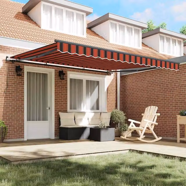 Berkfield Home Manual Retractable Folding Arm Awning in Orange and Brown Striped Polyester, W: 400 cm, D: 350 cm – 1