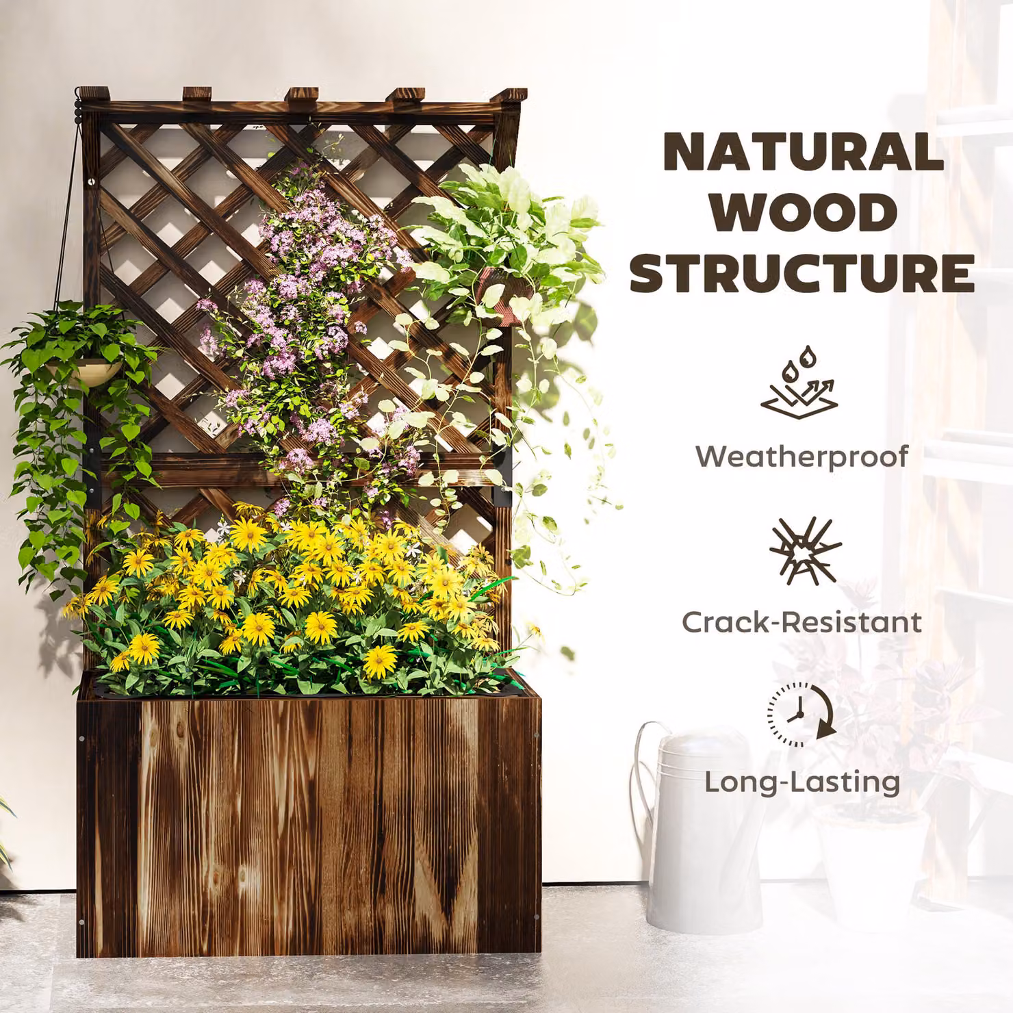 Outsunny Brown Wooden Raised Garden Bed with Trellis and Liner, W/D/H: 122 x 64 x 33 cm – 6