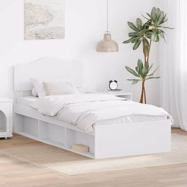 Berkfield Home White Solid Pine Wood Bed Frame with Headboard W/D/H: 90 x 200 cm