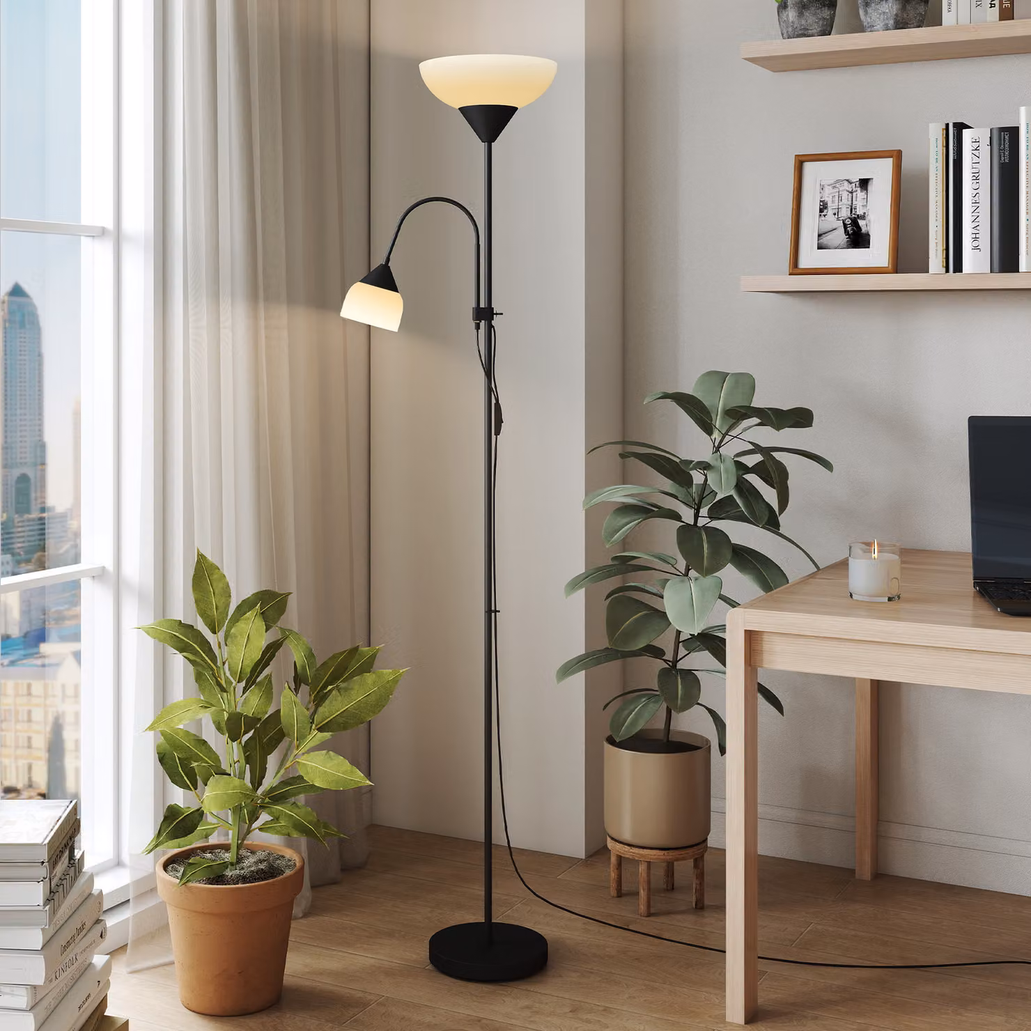 HOMCOM Black LED Floor Lamp with Adjustable Gooseneck and Mother and Child Uplighter Design, Height: 180 cm – 5