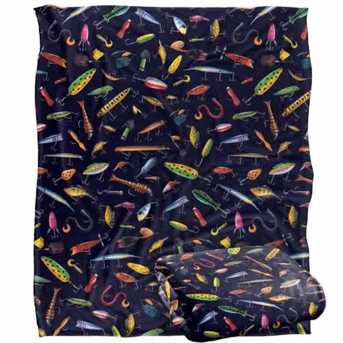 JQ Licensing Fishing Lures Pattern Super Soft Fleece Throw Blanket, Multicolour, W: 152 cm, D: 127 cm