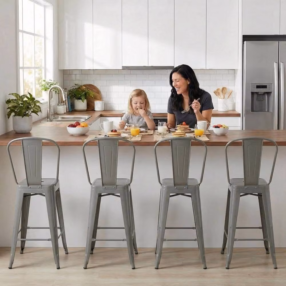 FWStyle Set of 4 Silver Gloss Metal Bistro Bar Chairs, W/D/H: 102 x 48 x 44 cm – 2
