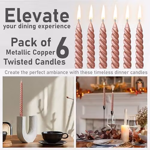 Deco Express Non-Drip Twisted Non-Scented Dinner Candles, Copper, Pack of 6 – 4