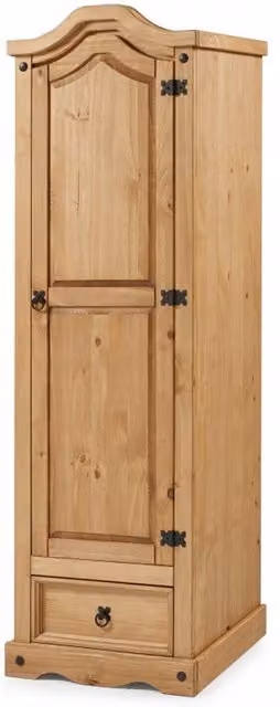 Mercers Furniture Corona Arch Top Single Wardrobe in Brown Solid Pine with Antique Wax Finish, H 176 cm x W 55 cm x D 45 cm – 1