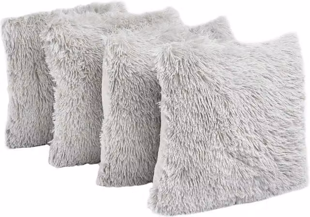 Sienna Pack of 4 Silver Fluffy Plush Coral Fleece Square Cushion Covers, 55 x 55 cm
