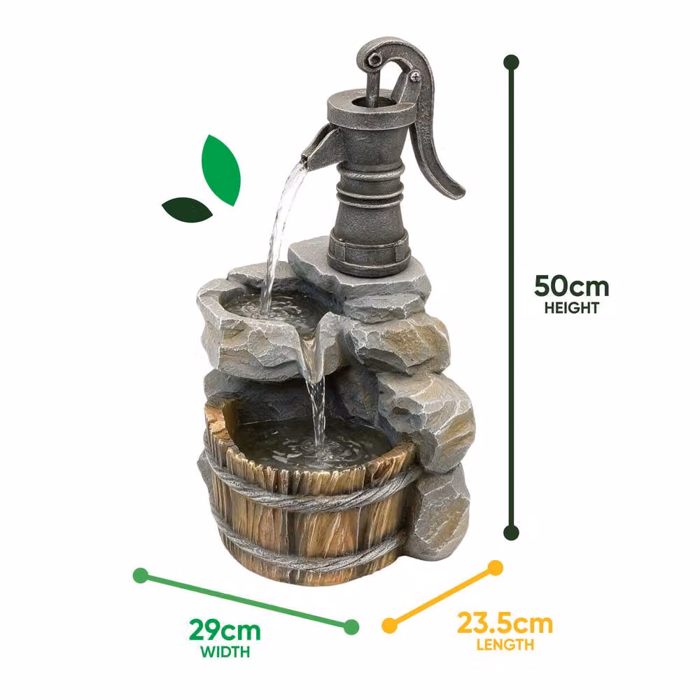 Gardenwize Solar Hand Pump Well Water Feature with Battery Back Up in Grey – 2