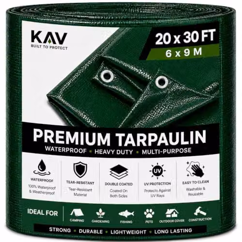 KAV Heavy Duty Waterproof Tarpaulin with Eyelets, Green, 6m x 9m