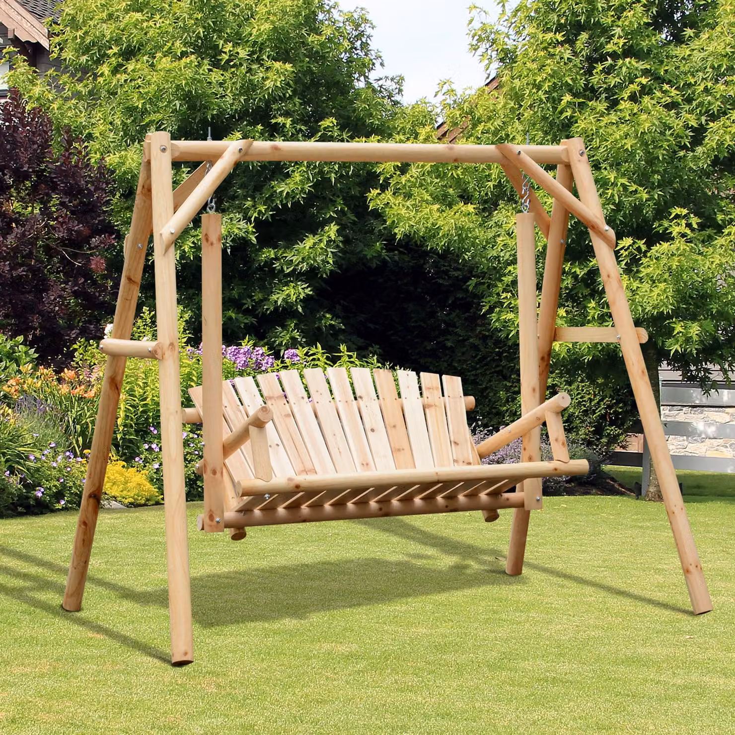 Outsunny 2 Seater Larch Wood Outdoor Garden Swing Chair Bench in Brown – 2