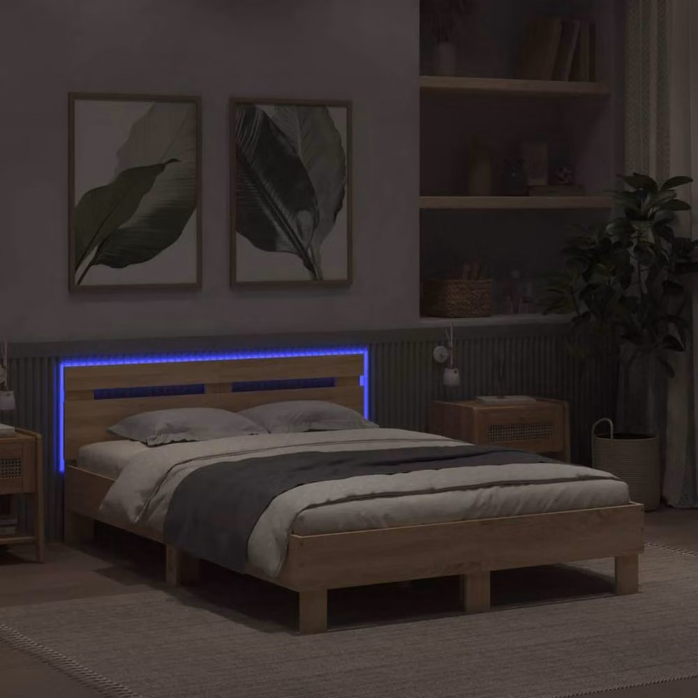 Berkfield Home Durable Bed Frame with LED Under-Bed Lighting in Light Oak, W/D/H: 120 x 200 x 70 cm – 3