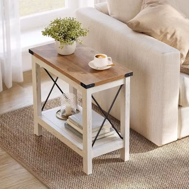 The Bazaarist Rustic Farmhouse Side Table with Storage Shelf in White and Brown