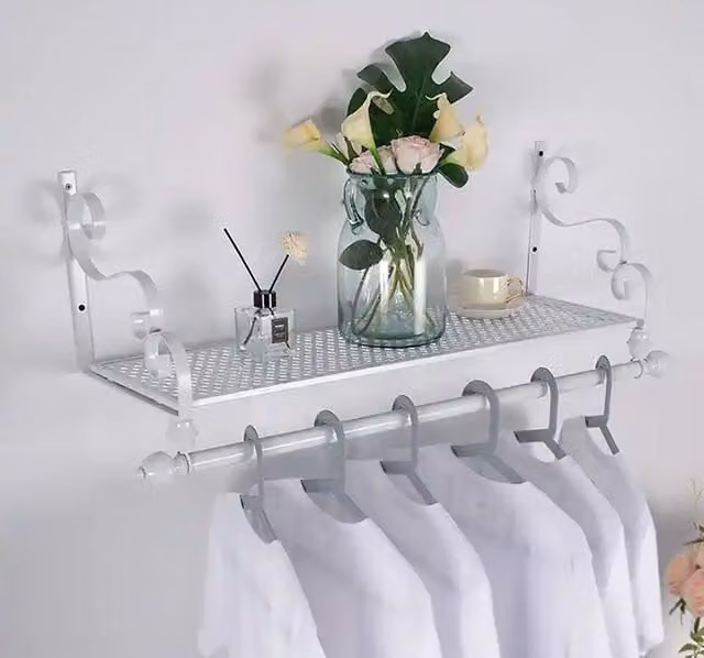 Living and Home White Lacquered Metal Wall Mounted Clothes Garment Rack and Shop Display Shelf, W: 60 cm, H: 28 cm, D: 28 cm
