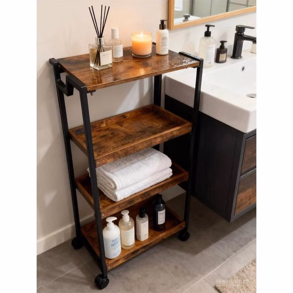 KORVIXA 4-Tier Wood and Metal Folding Kitchen Storage Shelf, Brown, W: 70 cm, H: 75 cm – 3