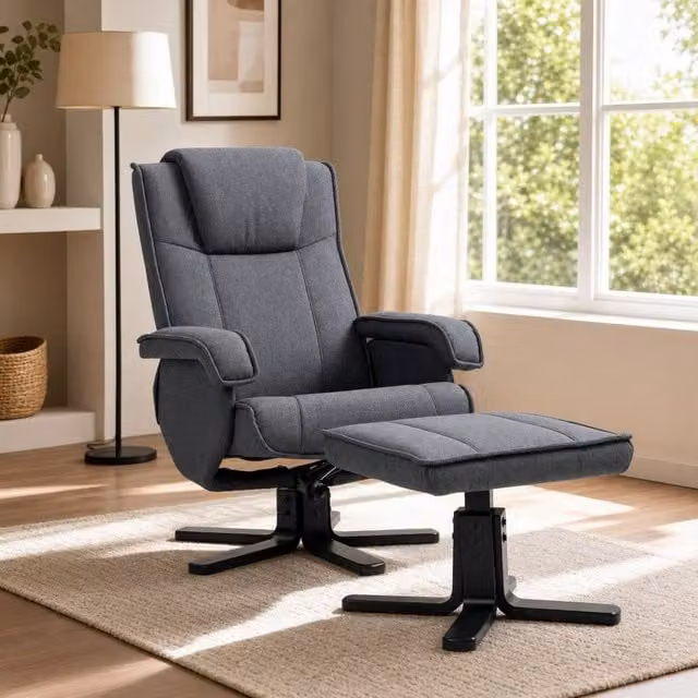 STILVORA Grey Linen Recliner Chair with Ottoman and 360 Degree Swivel Function – 1