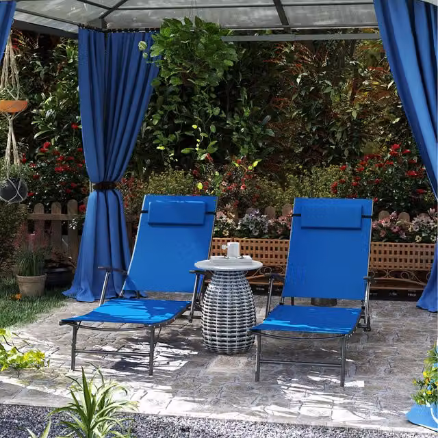 Outsunny Set of 2 Blue Textilene Outdoor Folding Sun Loungers with Adjustable Headrests