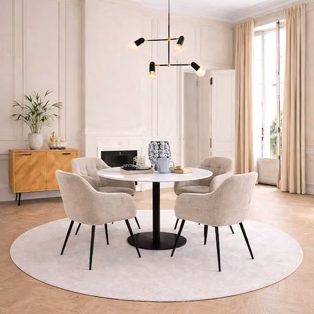 Furniture To Go Corby Round White Marble Dining Table with Black Base and 4 Brooke Armrest Monza Beige Chairs