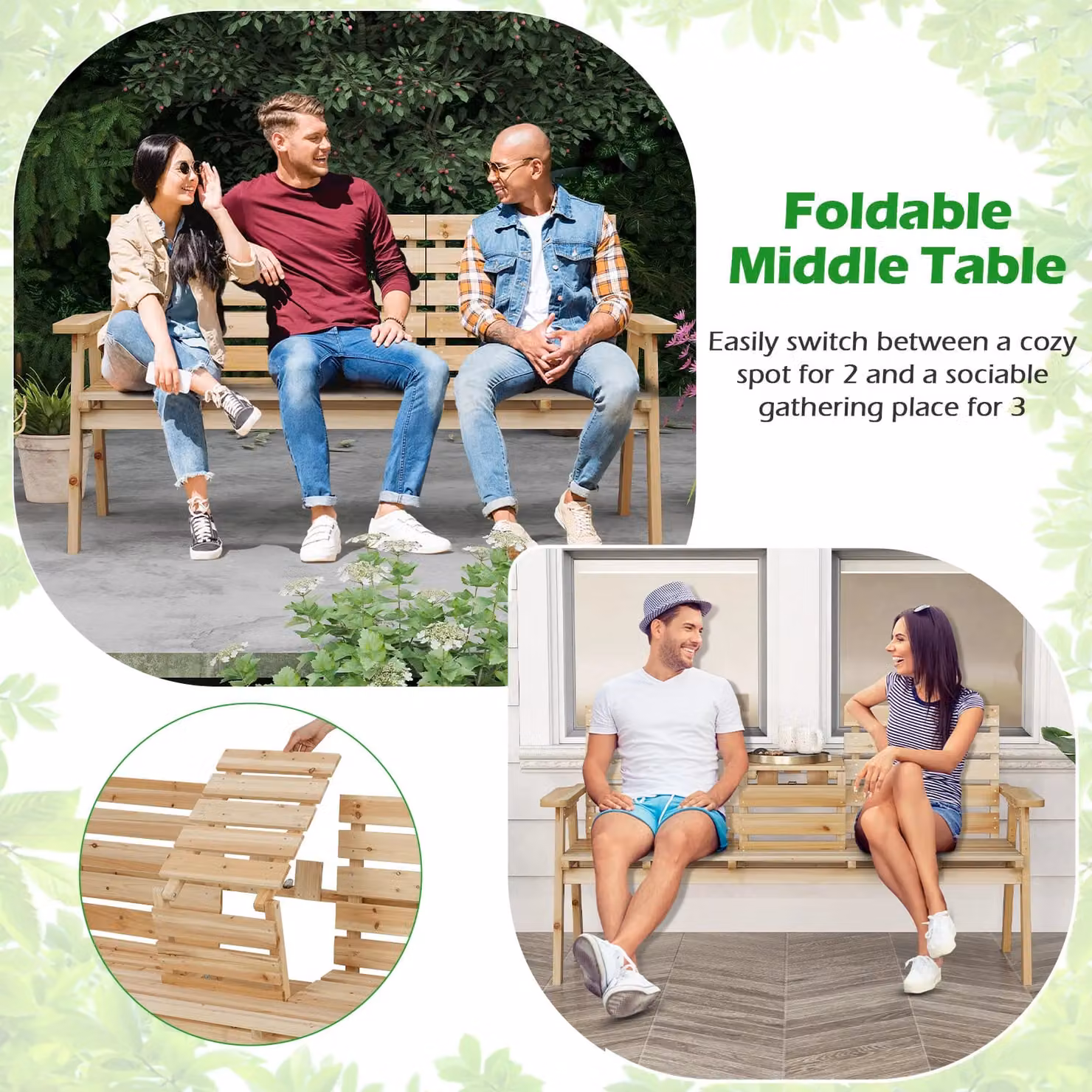 Costway Outdoor Fir Wood Garden Bench with Backrest for 2-3 Adults in Natural Brown – 4