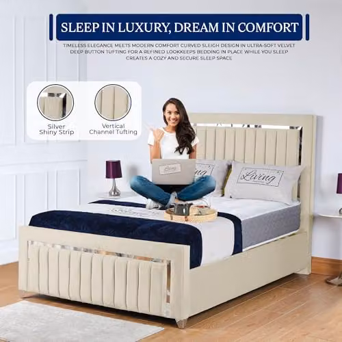 Living Comfort Bedz Zurich Plush Velvet Super King Gas Lift Storage Bed in Cream with Silver Trim Detailing – 2