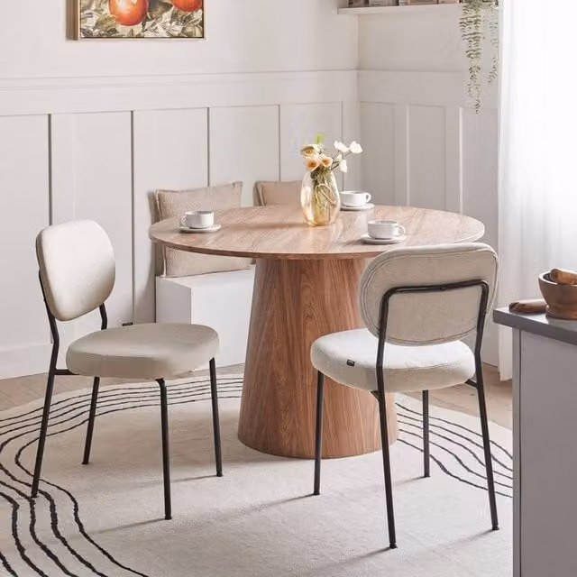 Wyld and Coco Set of 2 Mid-Century Armless Dining Chairs in Beige Fabric with Black Metal Legs – 1