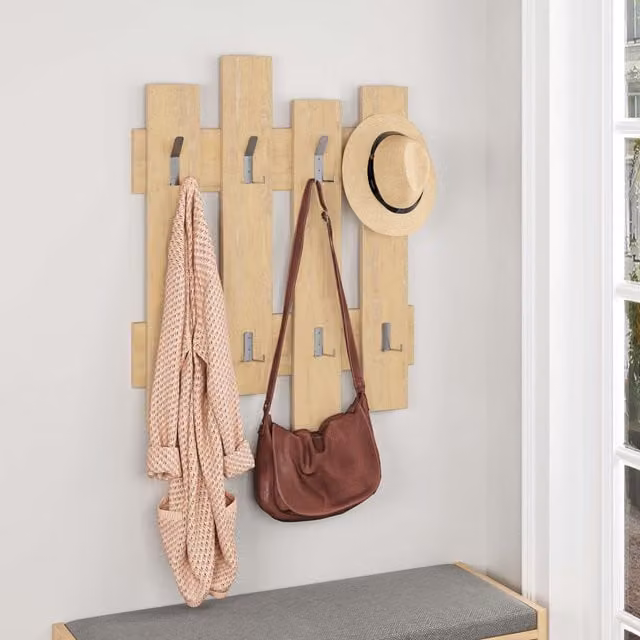 Decortie Wave Modern Wall-Mounted Coat Rack with 8 Hooks in Natural Wood, W: 69 cm, H: 81 cm – 1