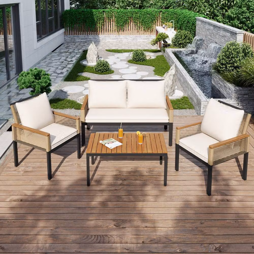 BES HOME 4-Piece Cream Rattan Garden Furniture Set with Acacia Wood Coffee Table and Upholstered Cushions – 3