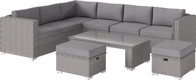 Outsunny 8-Seater Grey PE Rattan L-Shape Garden Corner Sofa Set with Coffee Table and Matching Ottoman