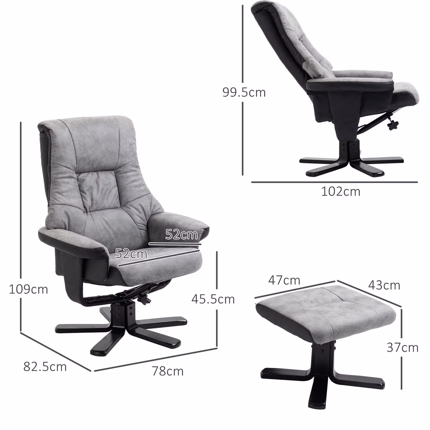 HOMCOM Grey Microfibre Fabric Recliner Sofa Armchair with Ottoman and 360 Degree Swivel Function – 3