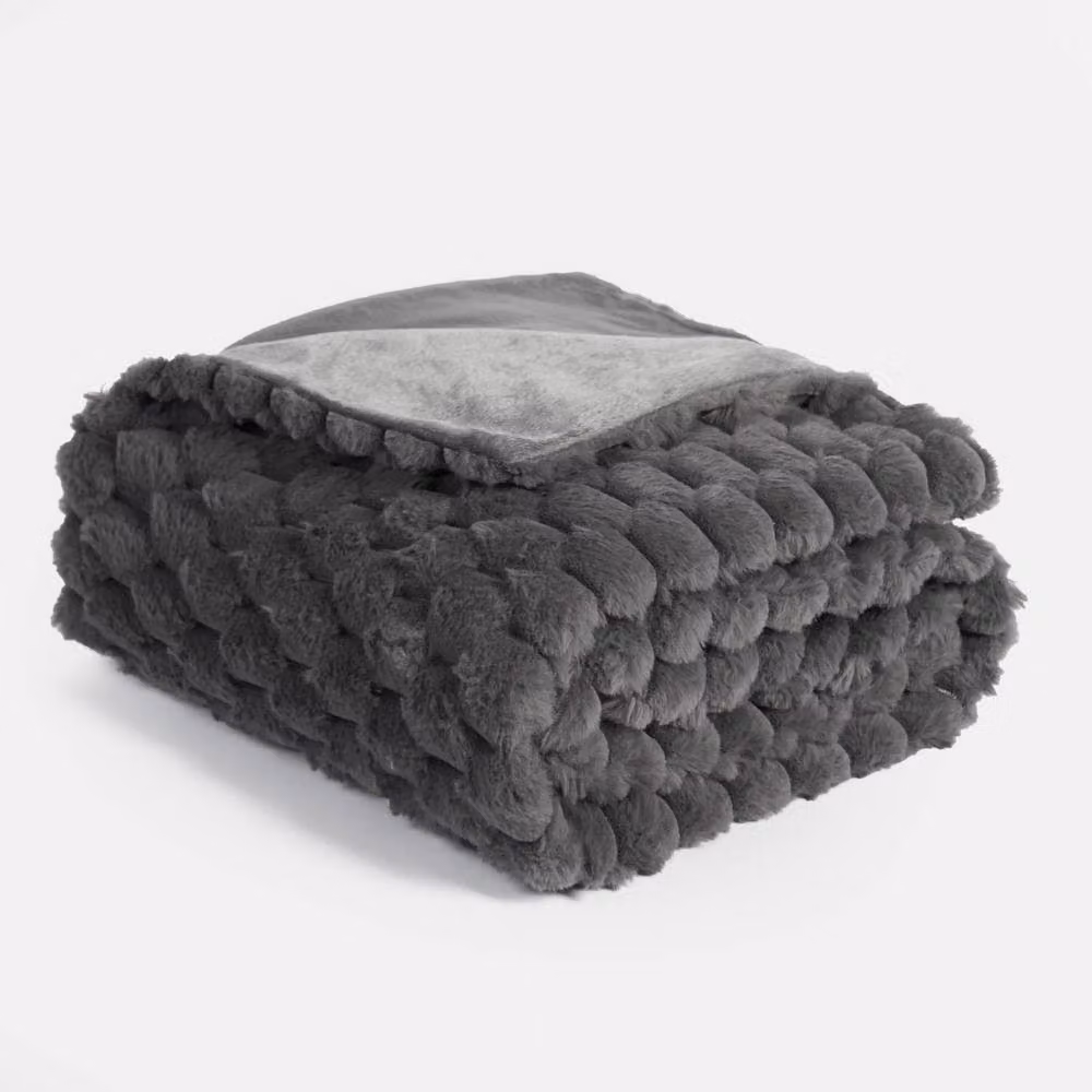 OHS Thick Waffle Faux Fur Soft Fleece Throw Blanket in Grey, W: 160 cm, L: 200 cm – 4