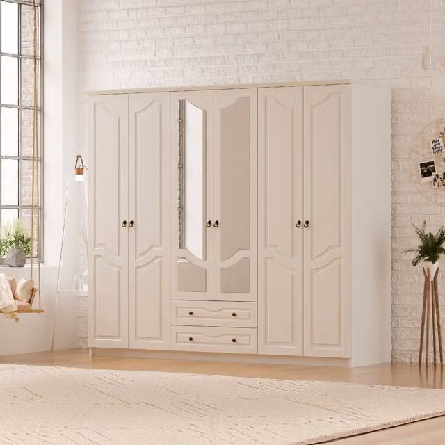 EVUHOME Chloe 6 Door 2 Drawer Mirrored Wardrobe in White, H: 210 cm, W: 52 cm, D: 52 cm