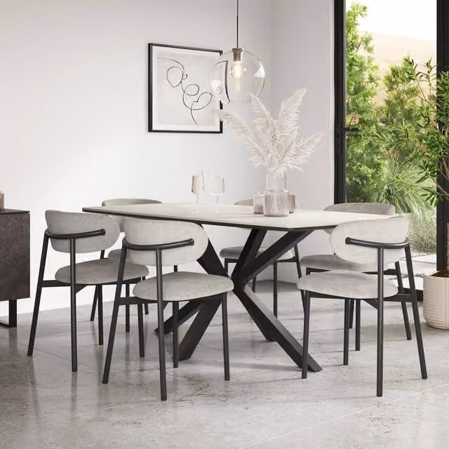 More4Homes Juno White Marble Ceramic Dining Table and 6 Myla Grey Linen Chairs, W/D/H: 180 x 90 x 75 cm