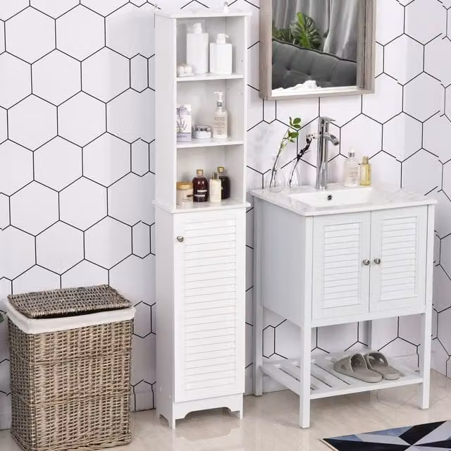 HOMCOM Tall White Bathroom Storage Cabinet with Roll Shutter Door and Internal Shelves, H 165 x W 34 x D 34 cm