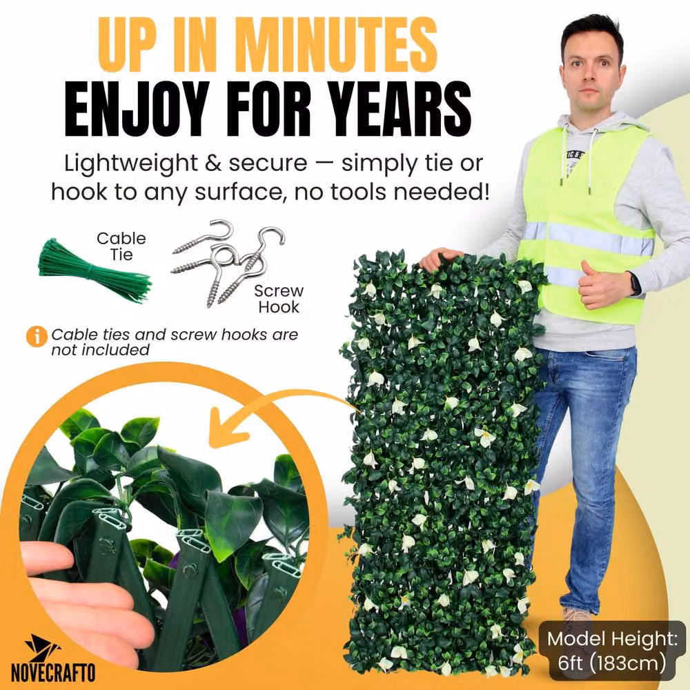 Novecrafto Expanding Artificial Hedge Privacy Trellis with Leaves and Flowers in White, Green and Purple, W: 282 cm, H: 30 cm – 7