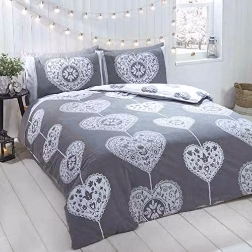 Rapport Home Scandi Christmas Hearts Reversible Flannelette Cotton Duvet Cover and Pillowcase Set, Grey and Red, W/D/H: 135 x 200 cm, Pillowcase: 50 x 75 cm – 1
