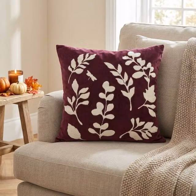 Garden Greatness Autumn Leaves Applique Decorative Square Cushion in Burgundy, Red and Purple, W/D/H: 45 x 45 x 1 cm