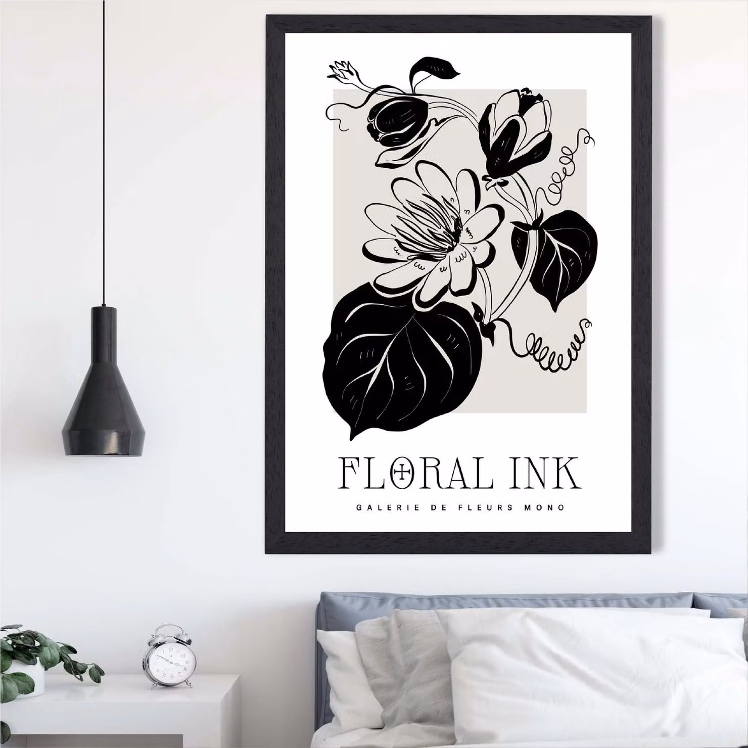 ARTZE Tropical Flowers Black and Beige Floral Ink Sketch Framed Print A3 – 2