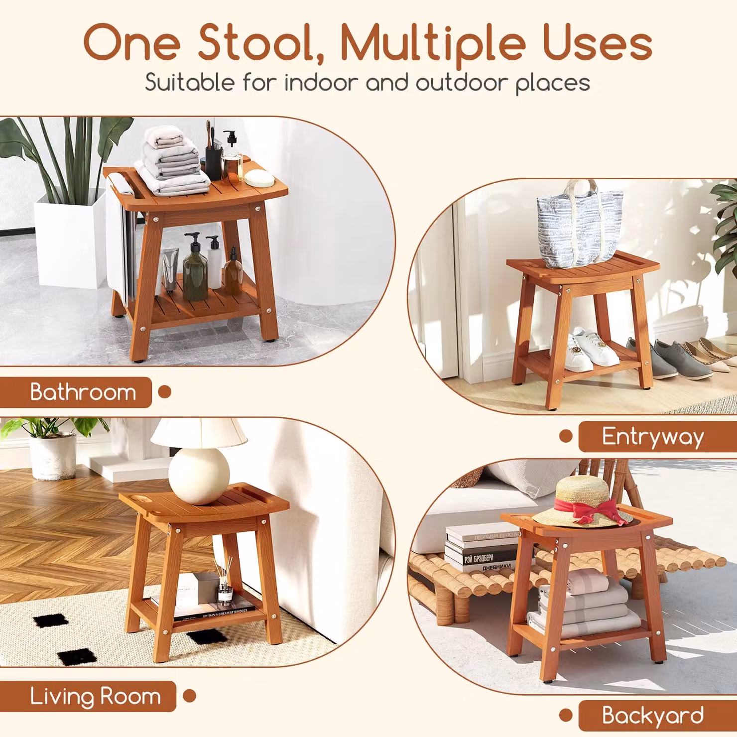 Costway Brown HIPS Shower Bench Seat with Handle and Drainage Seat – 6