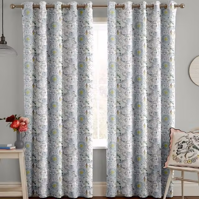 Cath Kidston Power To The Peaceful Made to Measure Blackout Eyelet Curtain in Mint Green, Blue and Multicolour Floral Animal Design