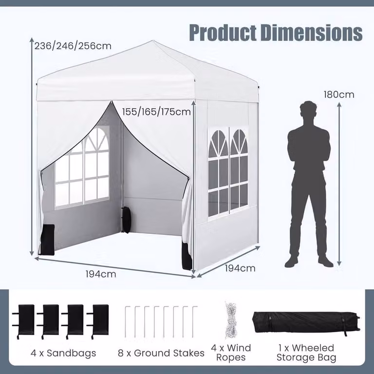KORVIXA White Commercial Gazebo Tent with Window and Carry Bag, W/D/H: 194 x 194 x 236 cm