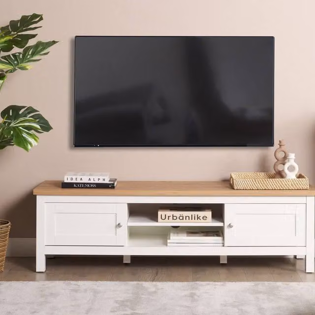 Wyld and Coco Minimalist MDF TV Stand in White and Light Brown, Width: 140 cm