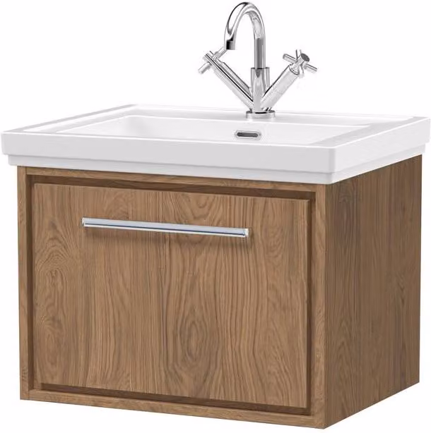Balterley Longnor 1 Drawer Wall Hung Vanity Basin Unit, Antique Oak, Brown, Width: 60 cm