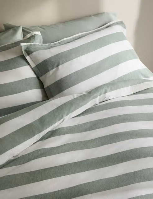 M&S Green Mix Striped Linen Blend and Cotton Reversible Duvet Cover, 140 x 200 cm