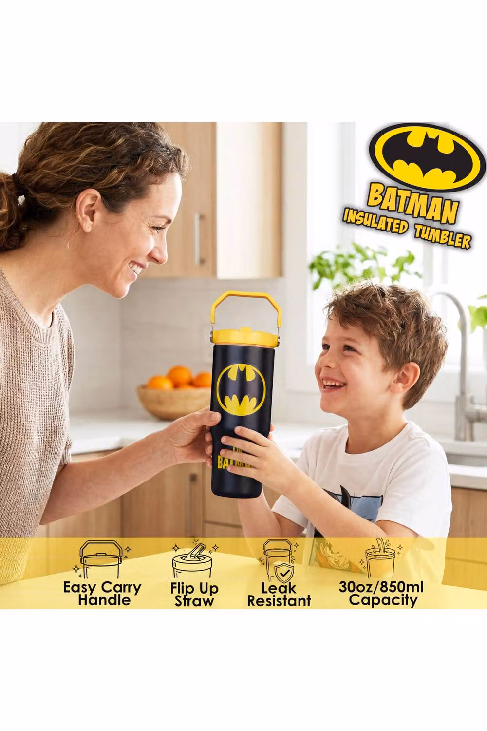 Get Trend DC Comics Batman Insulated Stainless Steel Tumbler with Straw and Handle, Black, 850ml – 7