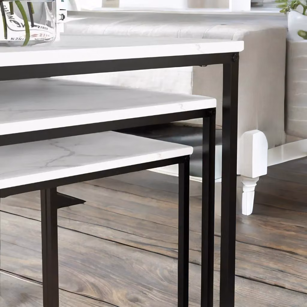 Rafaelo Mobilia Set of 3 Square Nesting Tables with White Marble Effect Tops and Metal Legs – 2