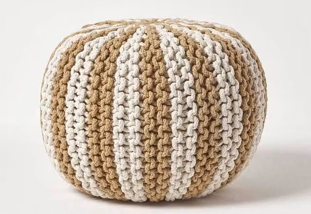 Homescapes Striped Knitted Cotton Pouffe Footstool in Beige and Sand, W/D/H: 35 x 40 x 35 cm